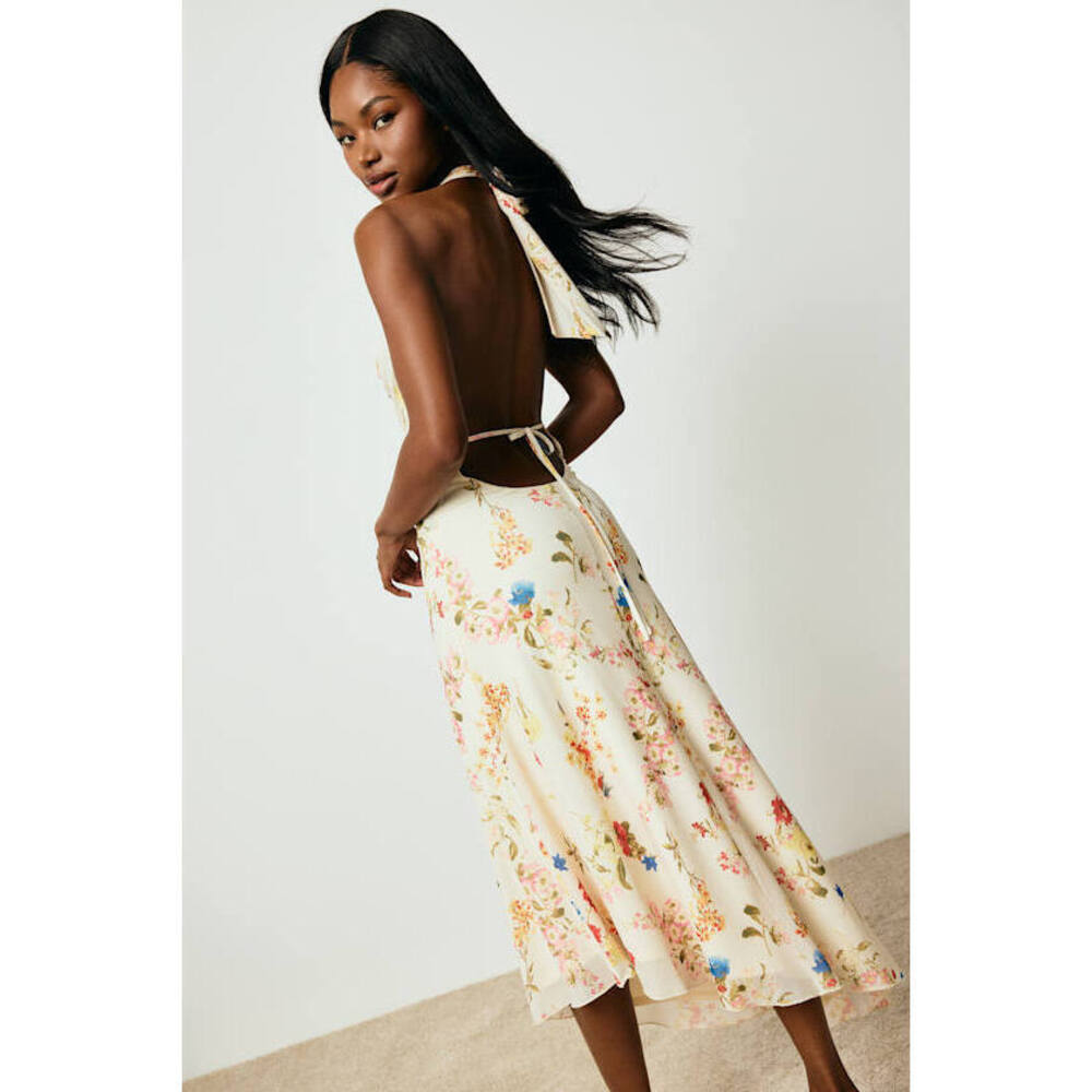 Lulus Asa Cream Floral Halter Asymmetrical Midi Dress White - Size M